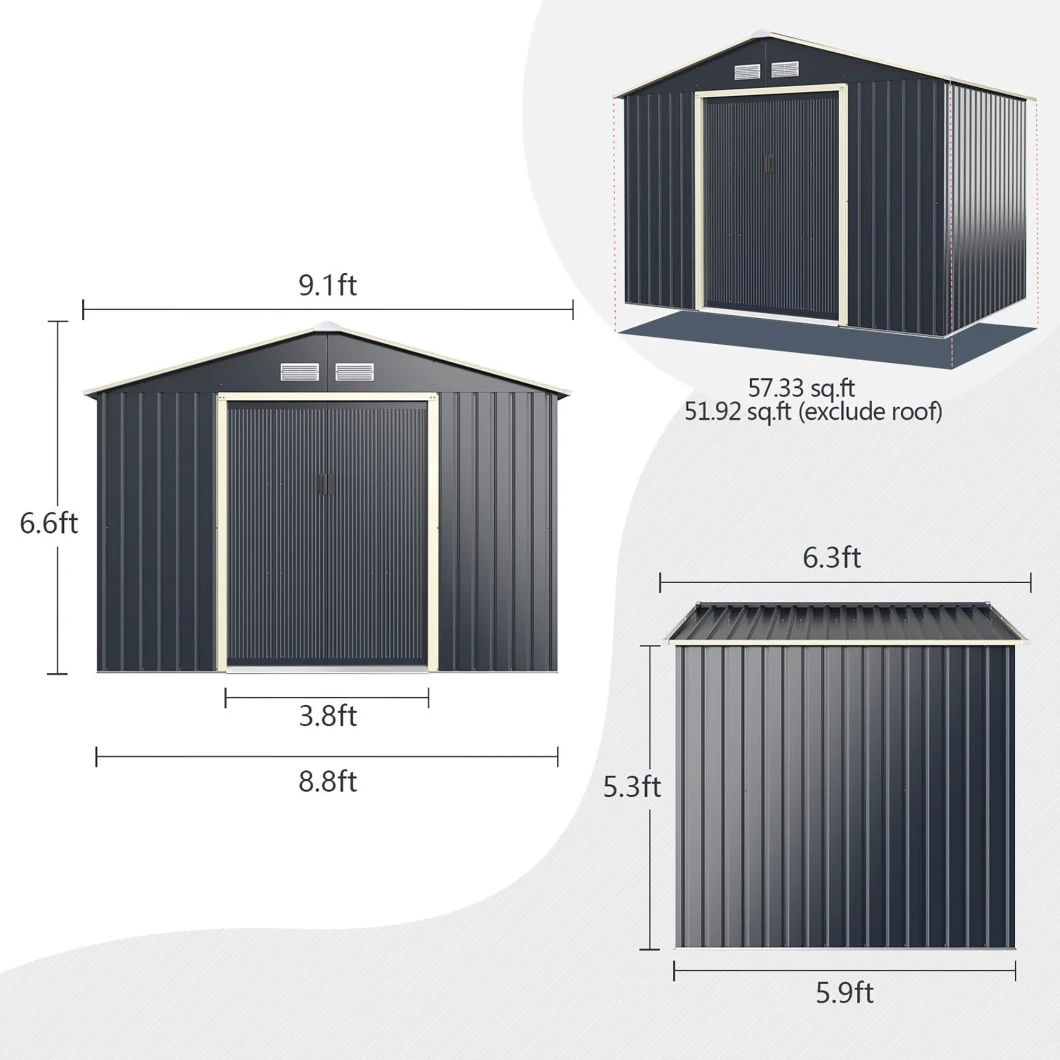 Metal Outdoor Storage Garden Tool Shed with Sliding Double Lockable Doors, Gray