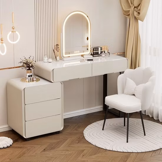 Tocador moderno para el hogar/hotel, muebles de dormitorio, tocador de maquillaje, juego de tocador nórdico con silla de luz LED y espejo