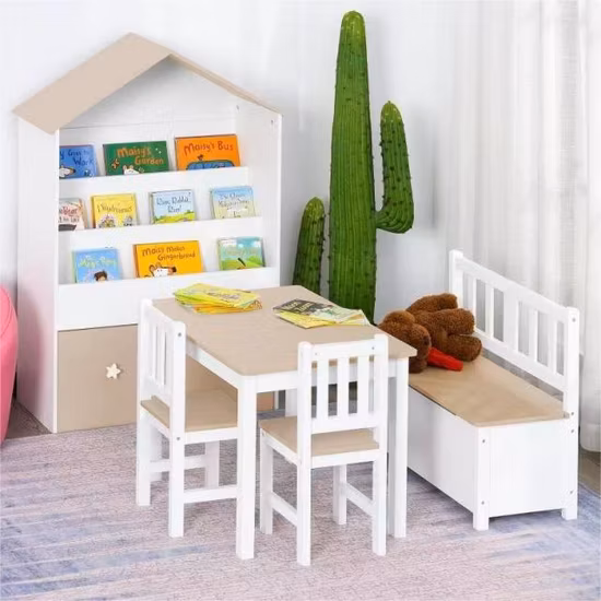 Mesa de actividades para niños de buena venta, juegos de mesa de juego para niños de madera maciza blanca con silla